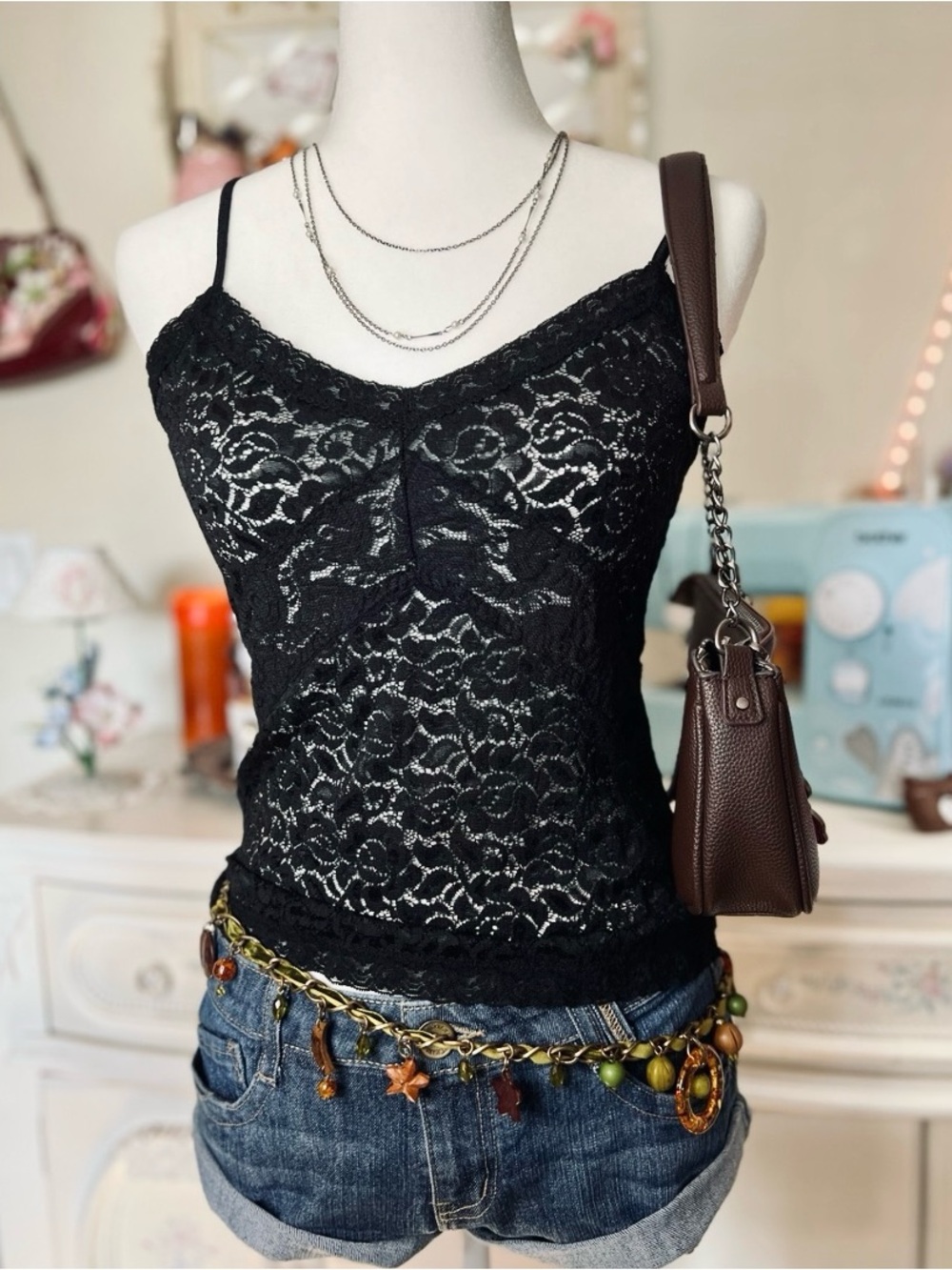 Black Lace Spaghetti Strap Camisole - Women